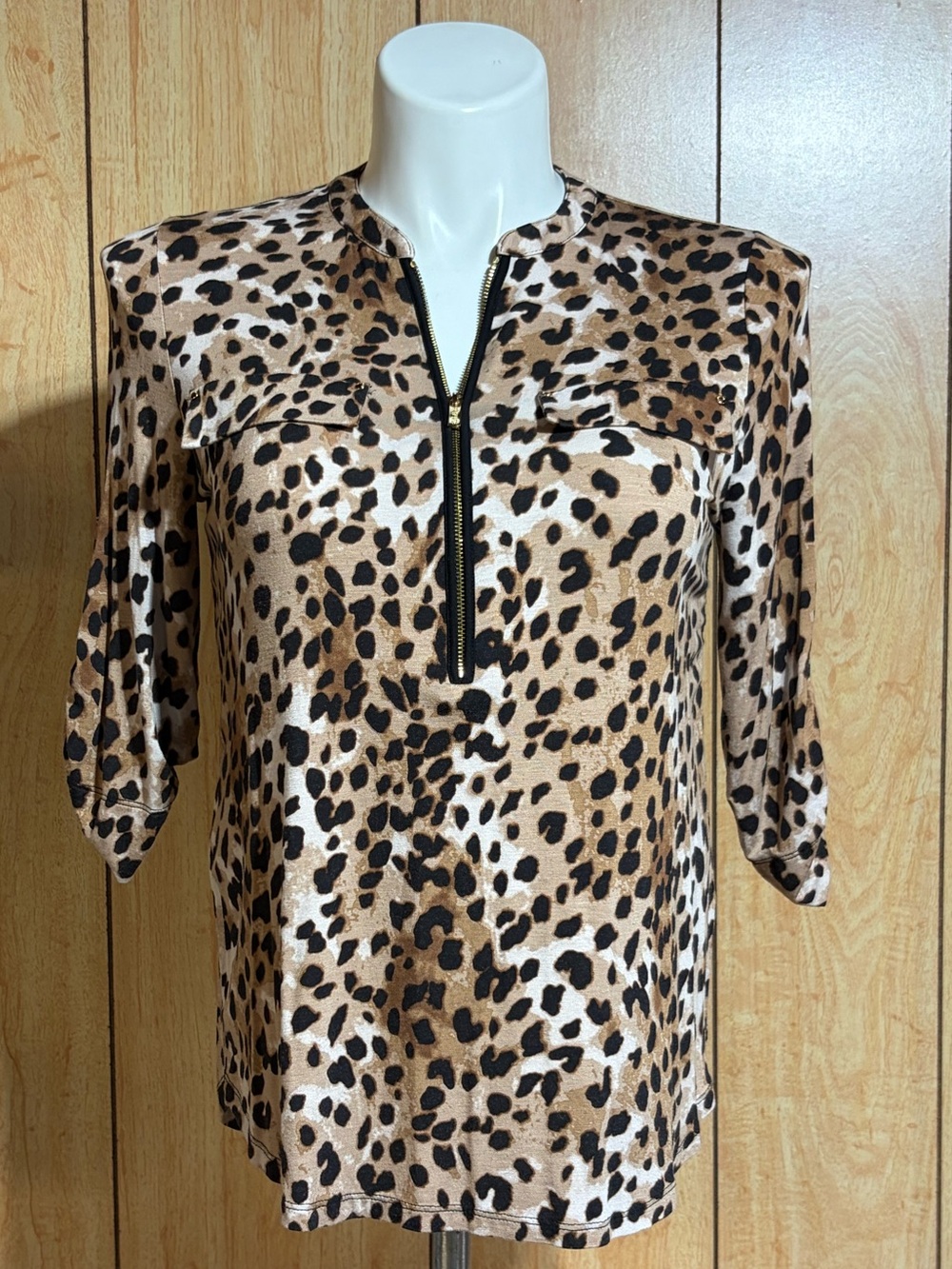 Calvin Klein Leopard Print Zip-Front Blouse - Tan & Black SZ- M